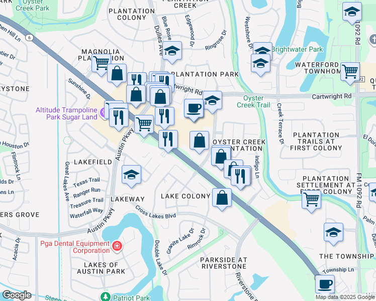 map of restaurants, bars, coffee shops, grocery stores, and more near 4925 Highway 6 in Missouri City