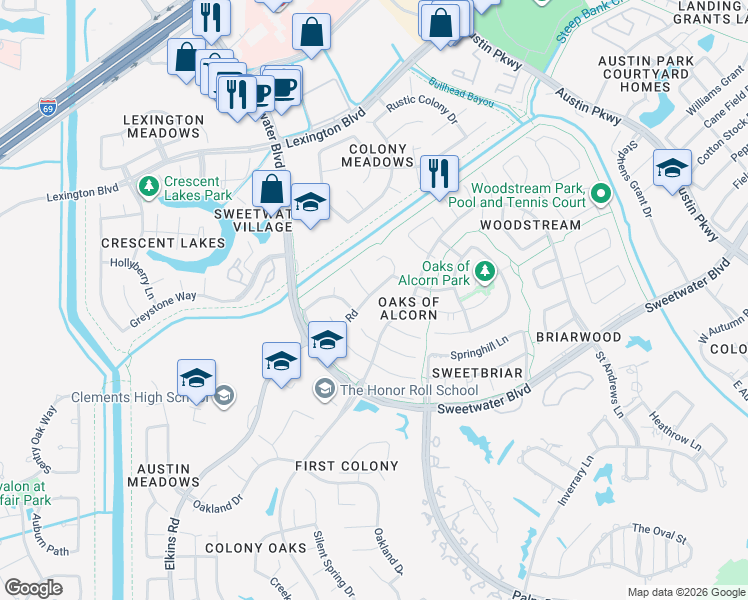 map of restaurants, bars, coffee shops, grocery stores, and more near 3827 Elkins Road in Sugar Land