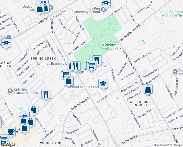 map of restaurants, bars, coffee shops, grocery stores, and more near 15150 Nacogdoches Road in San Antonio