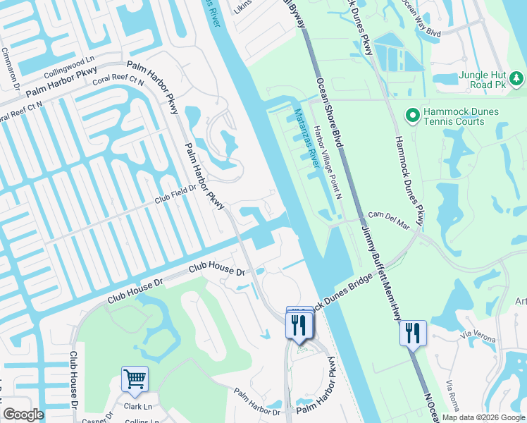 map of restaurants, bars, coffee shops, grocery stores, and more near 48 Rivers Edge Lane in Palm Coast