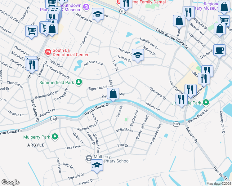 map of restaurants, bars, coffee shops, grocery stores, and more near 401 Keystone Loop in Houma