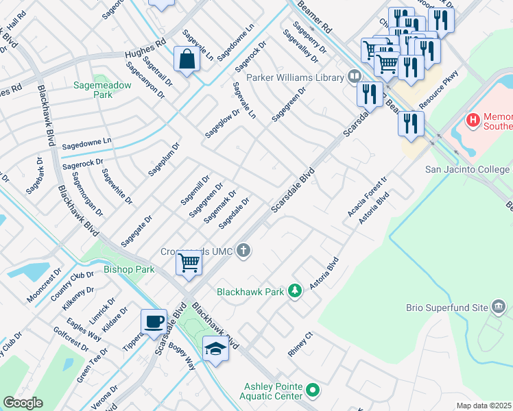 map of restaurants, bars, coffee shops, grocery stores, and more near 10235 Sagecourt Drive in Houston
