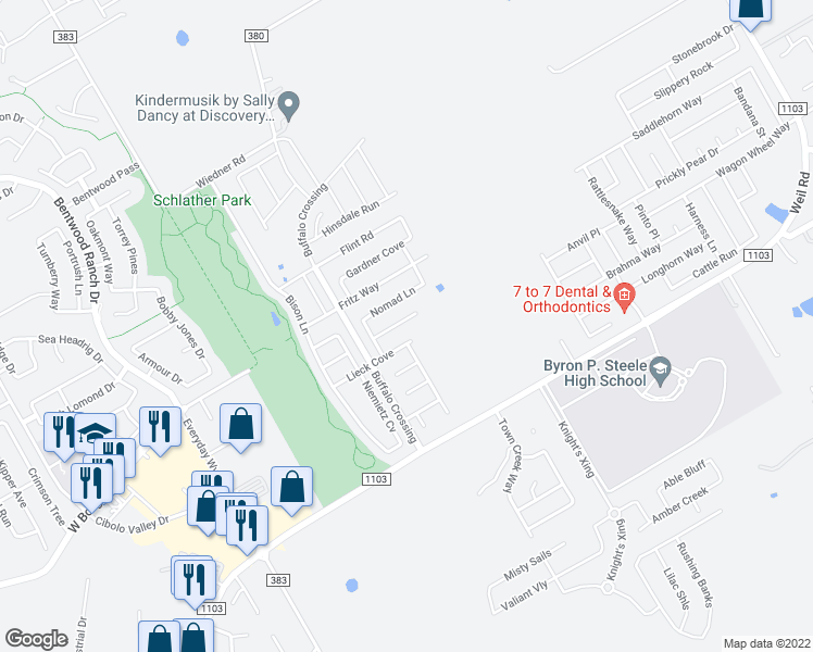 map of restaurants, bars, coffee shops, grocery stores, and more near 229 Comanche Trail in Cibolo
