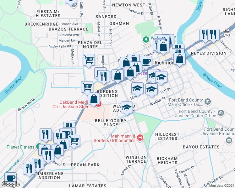 map of restaurants, bars, coffee shops, grocery stores, and more near 411 South Union Street in Richmond