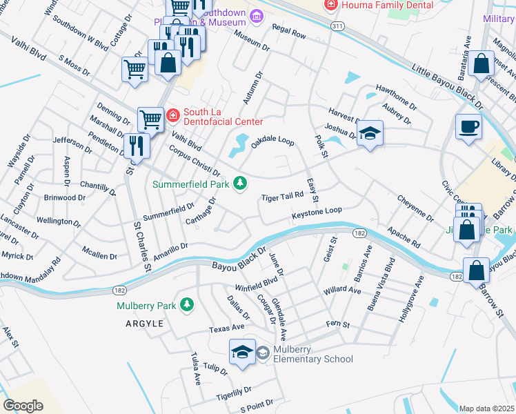 map of restaurants, bars, coffee shops, grocery stores, and more near 299 Tiger Tail Rd in Houma