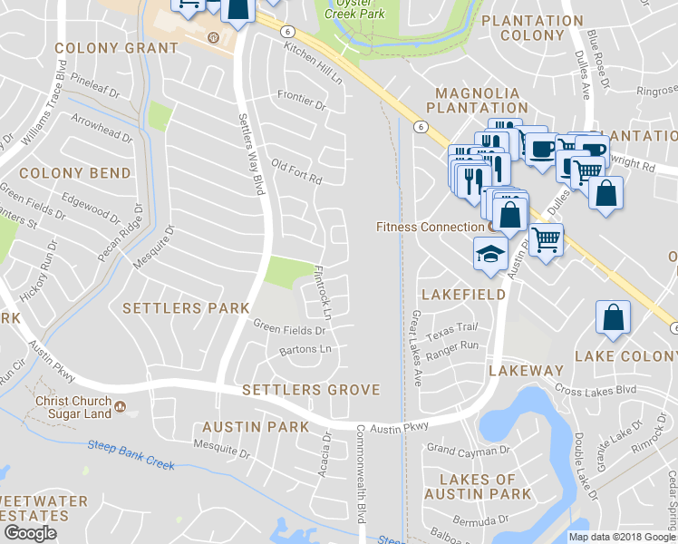 map of restaurants, bars, coffee shops, grocery stores, and more near 3119 East Heatherock Circle in Sugar Land