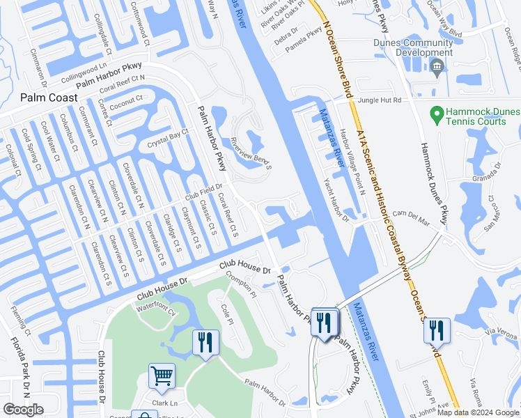 map of restaurants, bars, coffee shops, grocery stores, and more near 27 Marina Point Place in Palm Coast