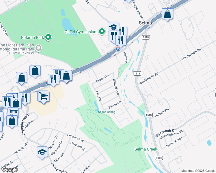 map of restaurants, bars, coffee shops, grocery stores, and more near 9011 Interlachen in Selma