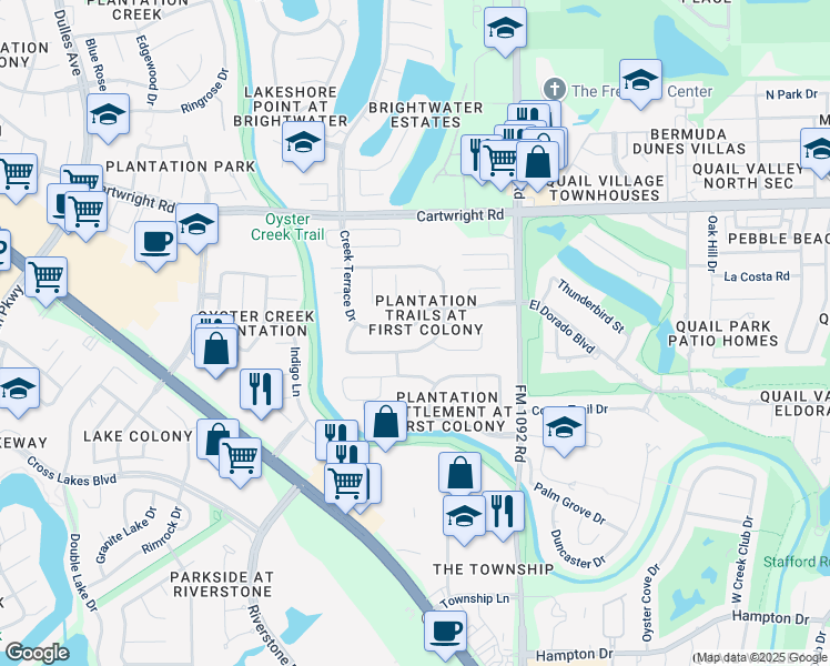 map of restaurants, bars, coffee shops, grocery stores, and more near 2707 Creek Terrace Drive in Missouri City