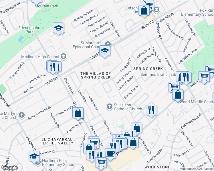 map of restaurants, bars, coffee shops, grocery stores, and more near 15327 Spring Dew in San Antonio