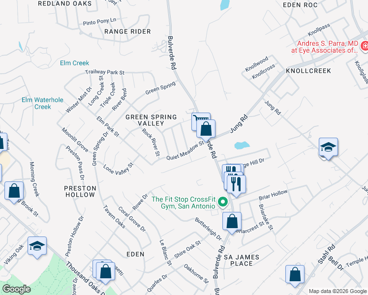 map of restaurants, bars, coffee shops, grocery stores, and more near 15006 Miss Ellie Drive in San Antonio