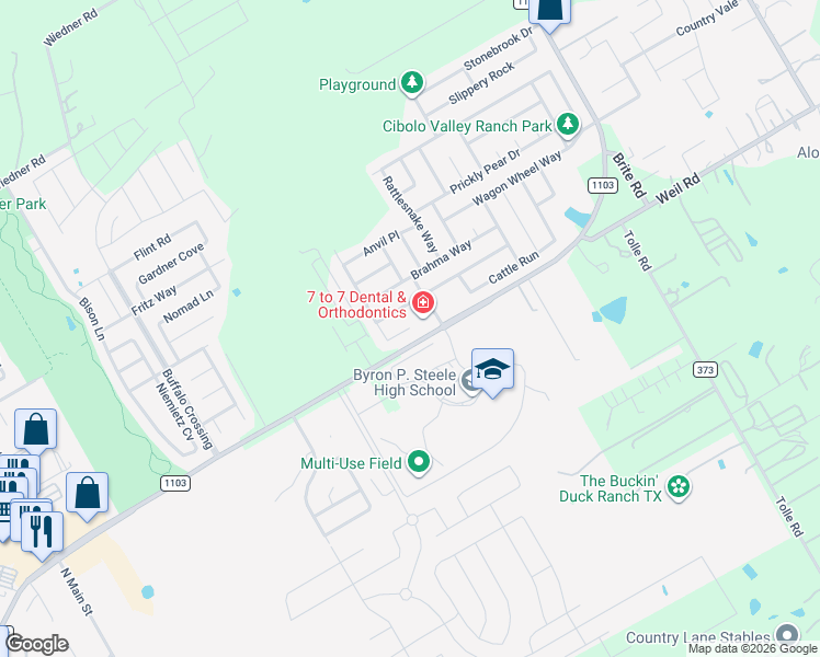 map of restaurants, bars, coffee shops, grocery stores, and more near 233 Jersey Bend in Cibolo