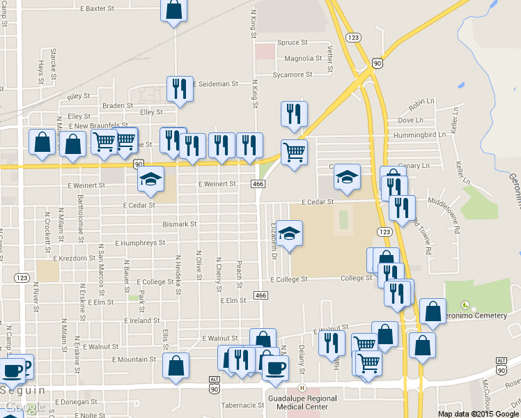 map of restaurants, bars, coffee shops, grocery stores, and more near 1011 North King Street in Seguin