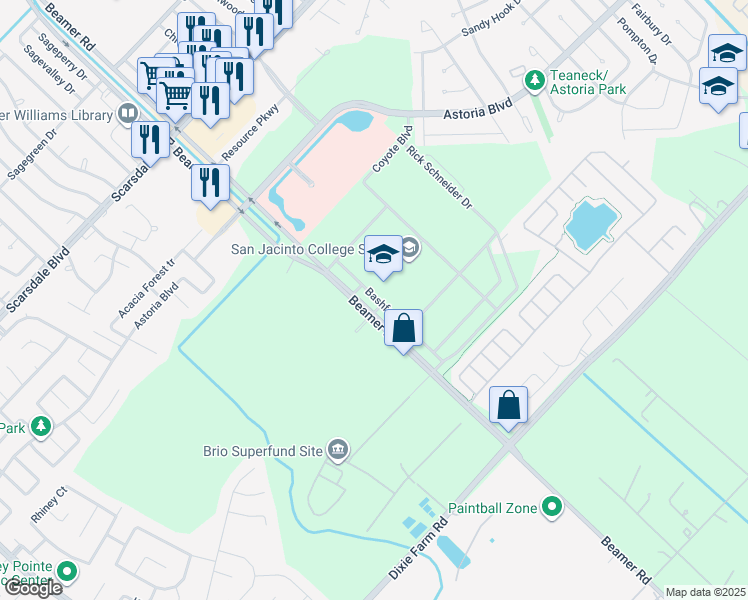 map of restaurants, bars, coffee shops, grocery stores, and more near 6 Bashforth Drive in Houston