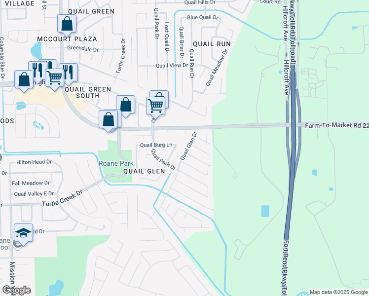 map of restaurants, bars, coffee shops, grocery stores, and more near 16934 Quail Glen Drive in Missouri City