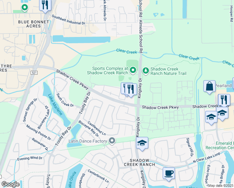 map of restaurants, bars, coffee shops, grocery stores, and more near 1930 Kingsley Drive in Pearland