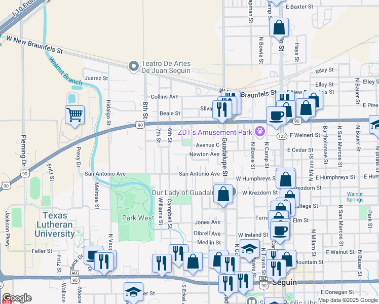 map of restaurants, bars, coffee shops, grocery stores, and more near 1102 Avenue D in Seguin