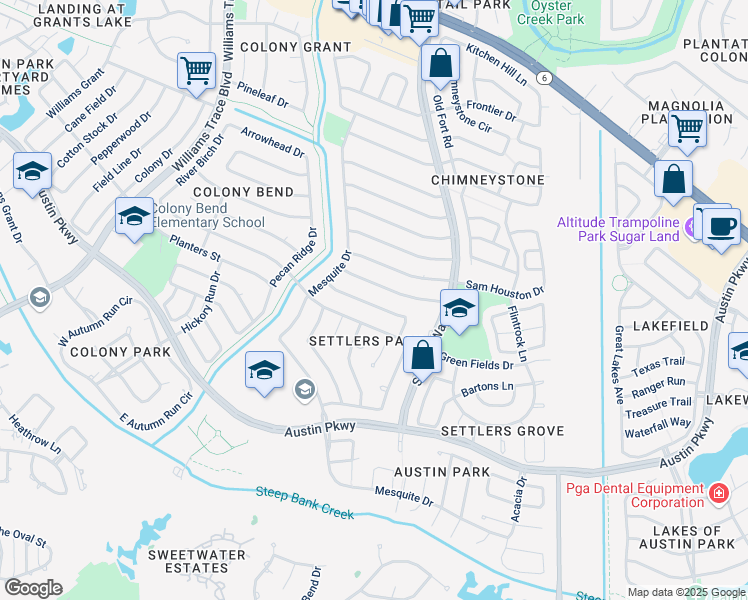 map of restaurants, bars, coffee shops, grocery stores, and more near 3415 Hidden Creek Drive in Sugar Land