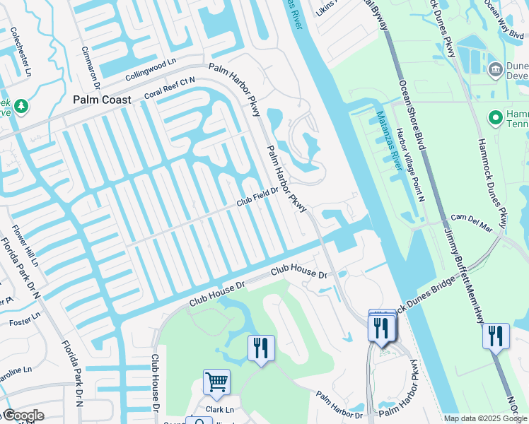 map of restaurants, bars, coffee shops, grocery stores, and more near 7 Classic Court South in Palm Coast