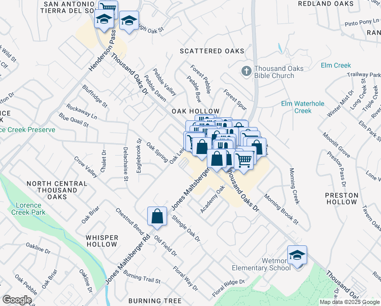 map of restaurants, bars, coffee shops, grocery stores, and more near 2828 Thousand Oaks Drive in San Antonio