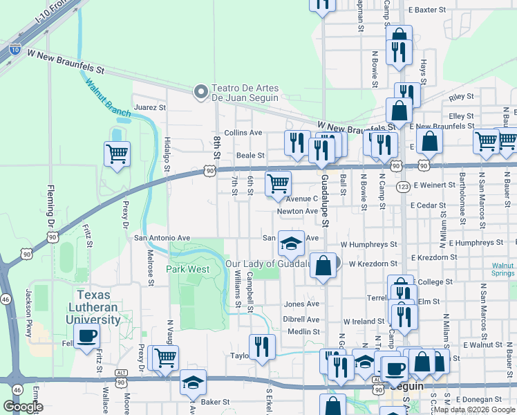 map of restaurants, bars, coffee shops, grocery stores, and more near 732 Newton Avenue in Seguin