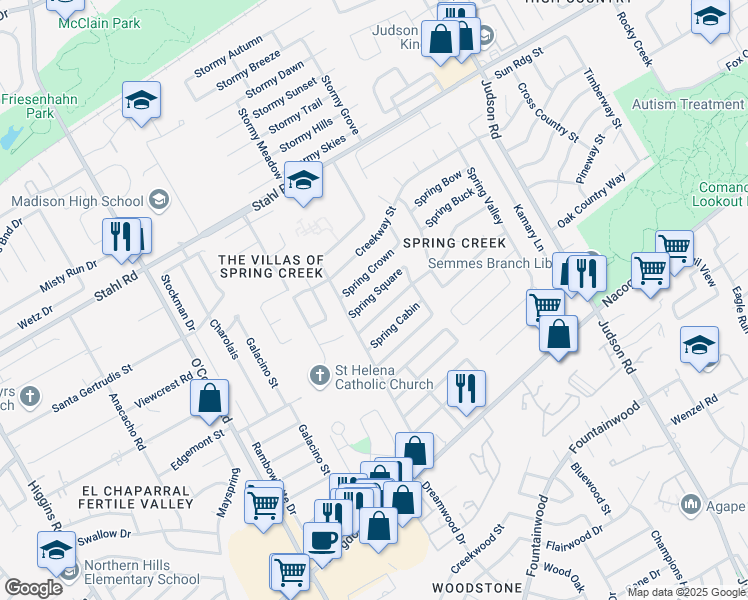 map of restaurants, bars, coffee shops, grocery stores, and more near 5838 Spring Square in San Antonio