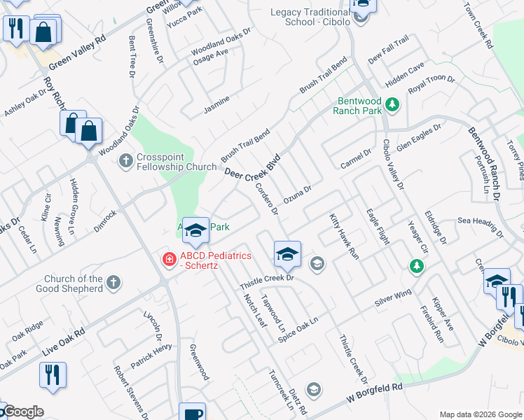 map of restaurants, bars, coffee shops, grocery stores, and more near 261 Winter Frost in Cibolo