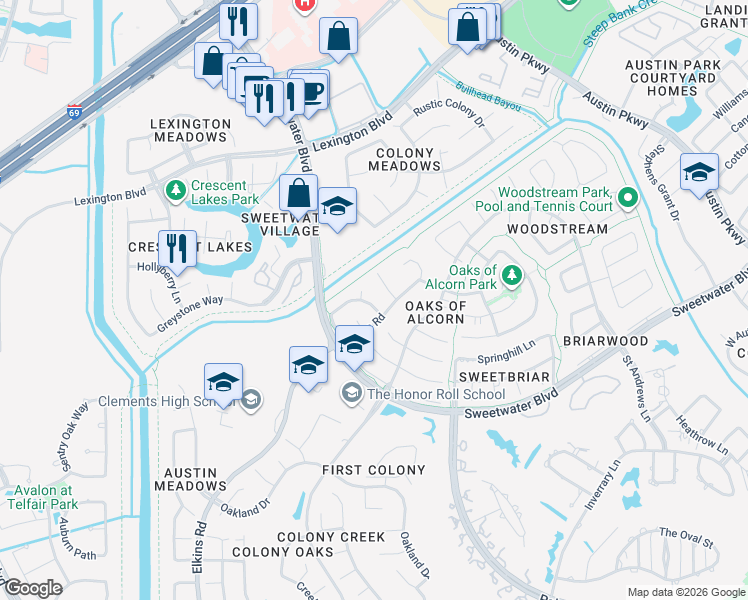 map of restaurants, bars, coffee shops, grocery stores, and more near 1615 Green Leaf Oaks Drive in Sugar Land