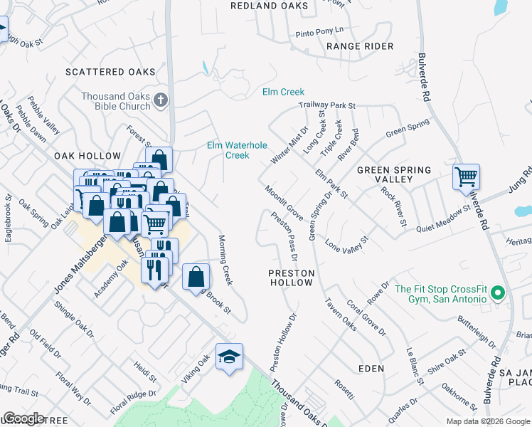 map of restaurants, bars, coffee shops, grocery stores, and more near 15423 Preston Pass Drive in San Antonio