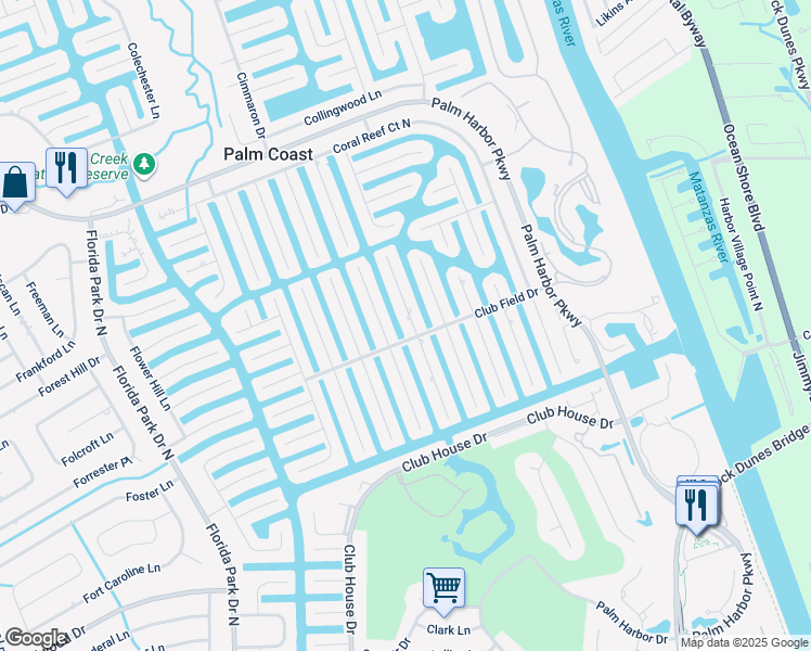map of restaurants, bars, coffee shops, grocery stores, and more near 5 Cloverdale Court North in Palm Coast