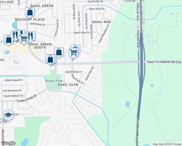 map of restaurants, bars, coffee shops, grocery stores, and more near 16934 Quail Glen Drive in Missouri City