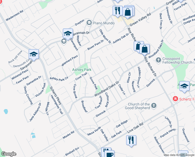 map of restaurants, bars, coffee shops, grocery stores, and more near 1040 Jasper Hill Lane in Schertz