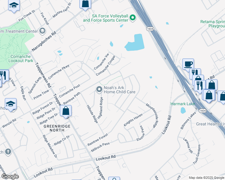 map of restaurants, bars, coffee shops, grocery stores, and more near 7107 Rock Bluff in San Antonio