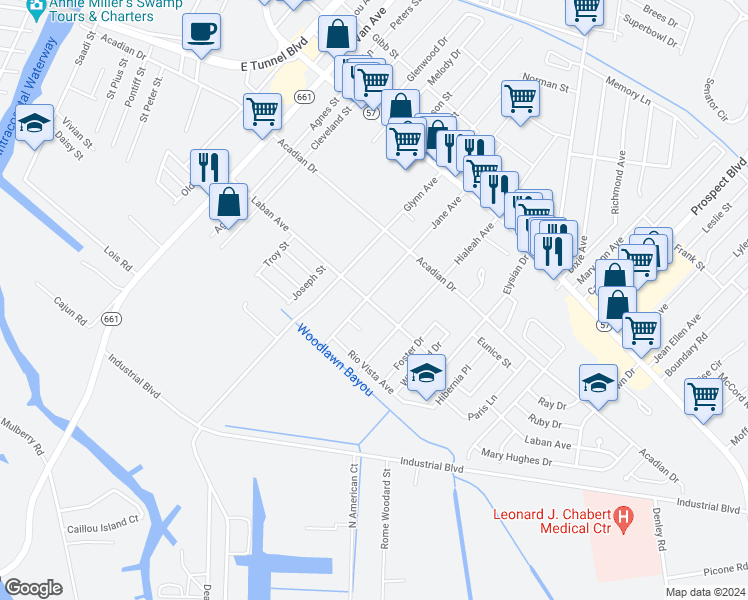 map of restaurants, bars, coffee shops, grocery stores, and more near 1607 Laban Avenue in Houma