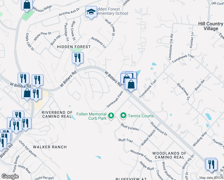 map of restaurants, bars, coffee shops, grocery stores, and more near 65 Greens Shade in San Antonio