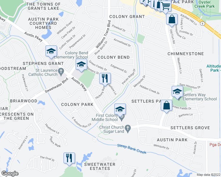 map of restaurants, bars, coffee shops, grocery stores, and more near 3018 Pasture Lane in Sugar Land