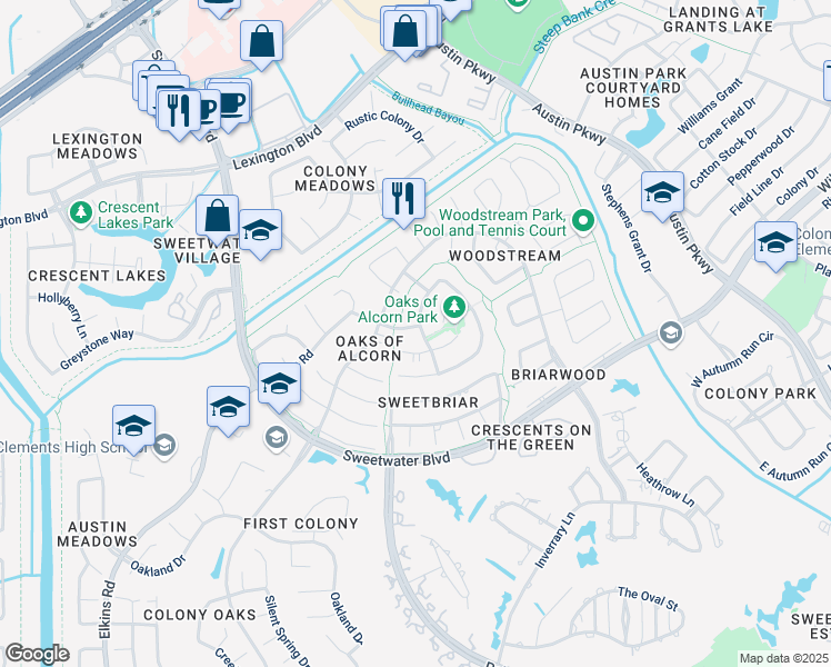 map of restaurants, bars, coffee shops, grocery stores, and more near 3803 Alcorn Hill Drive in Sugar Land