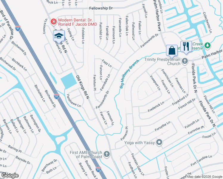 map of restaurants, bars, coffee shops, grocery stores, and more near 28 Farmsworth Drive in Palm Coast