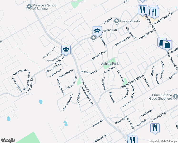 map of restaurants, bars, coffee shops, grocery stores, and more near 469 Ashley Park in Schertz