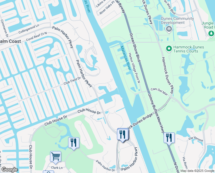 map of restaurants, bars, coffee shops, grocery stores, and more near 48 Rivers Edge Lane in Palm Coast