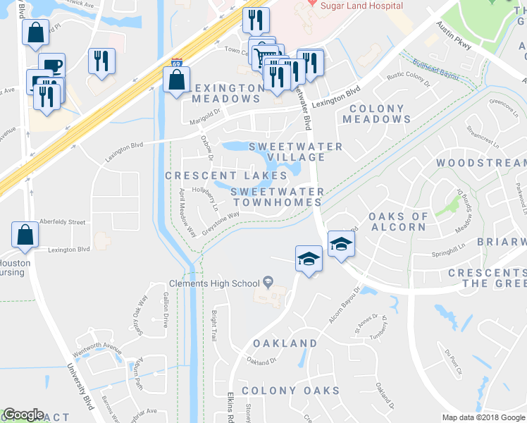 map of restaurants, bars, coffee shops, grocery stores, and more near 4234 Greystone Way in Sugar Land