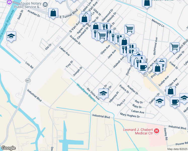 map of restaurants, bars, coffee shops, grocery stores, and more near 1607 Laban Avenue in Houma