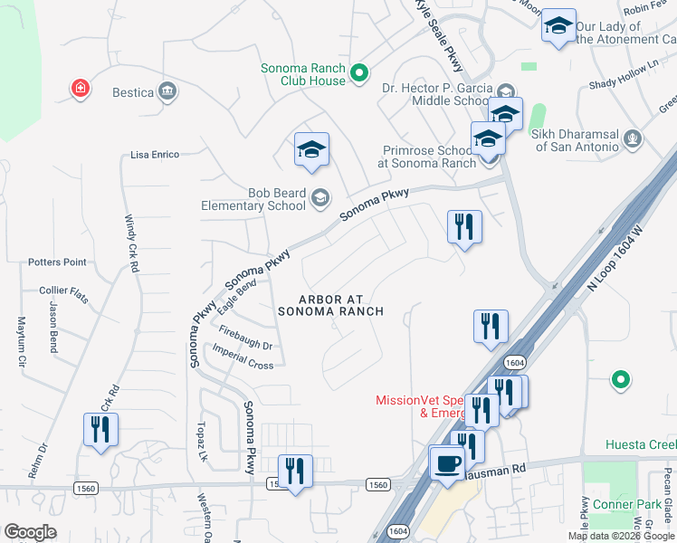 map of restaurants, bars, coffee shops, grocery stores, and more near 8714 Tioga Pass in Helotes