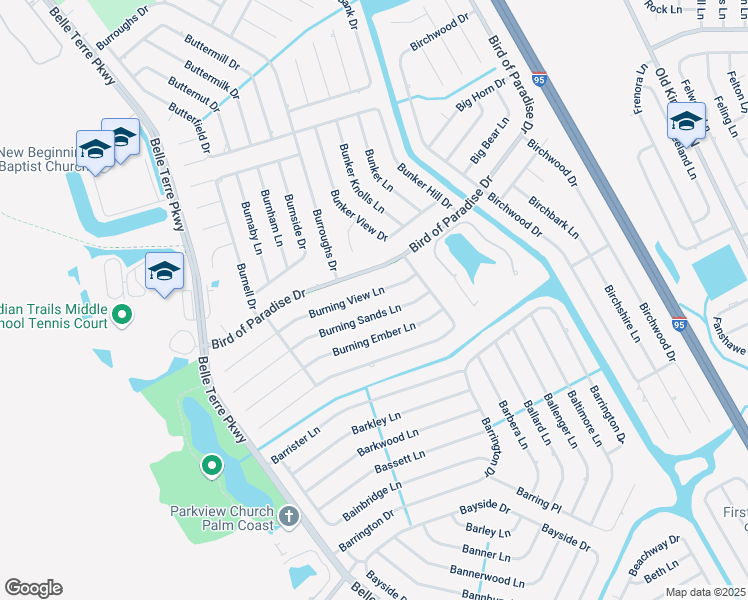 map of restaurants, bars, coffee shops, grocery stores, and more near 32 Burning View Lane in Palm Coast