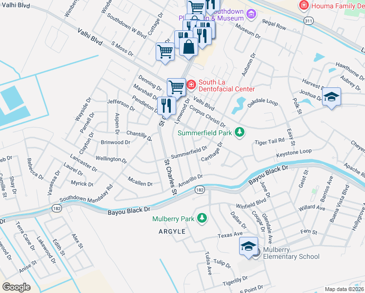 map of restaurants, bars, coffee shops, grocery stores, and more near 215 Raywood Drive in Houma