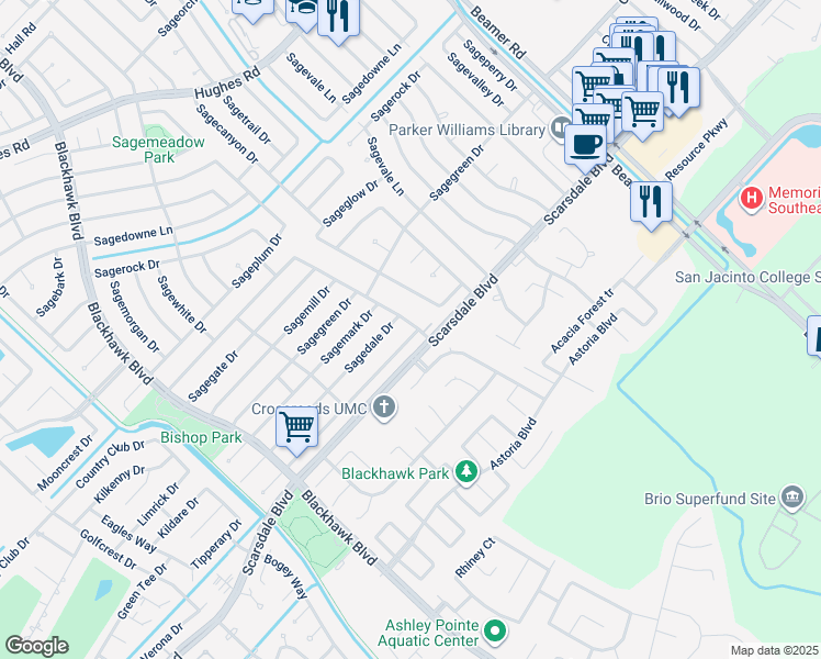 map of restaurants, bars, coffee shops, grocery stores, and more near 10235 Sagecourt Drive in Houston