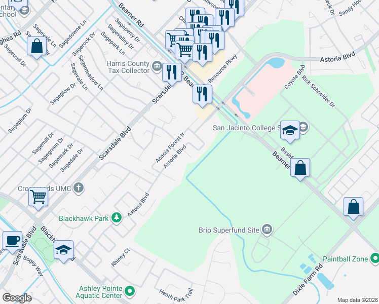 map of restaurants, bars, coffee shops, grocery stores, and more near 12030 Parkers Hideaway Drive in Houston