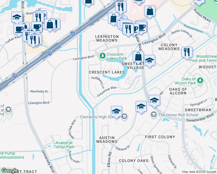 map of restaurants, bars, coffee shops, grocery stores, and more near 4318 Greystone Way in Sugar Land