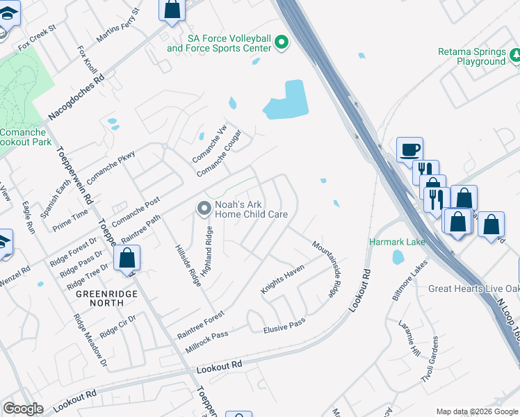 map of restaurants, bars, coffee shops, grocery stores, and more near 7111 Horizon Peak in San Antonio