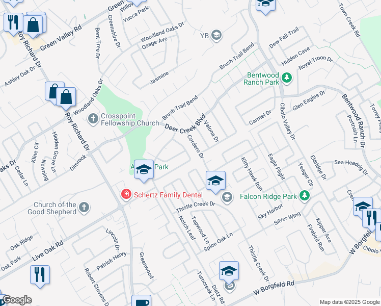 map of restaurants, bars, coffee shops, grocery stores, and more near 240 Turkey Tree in Cibolo